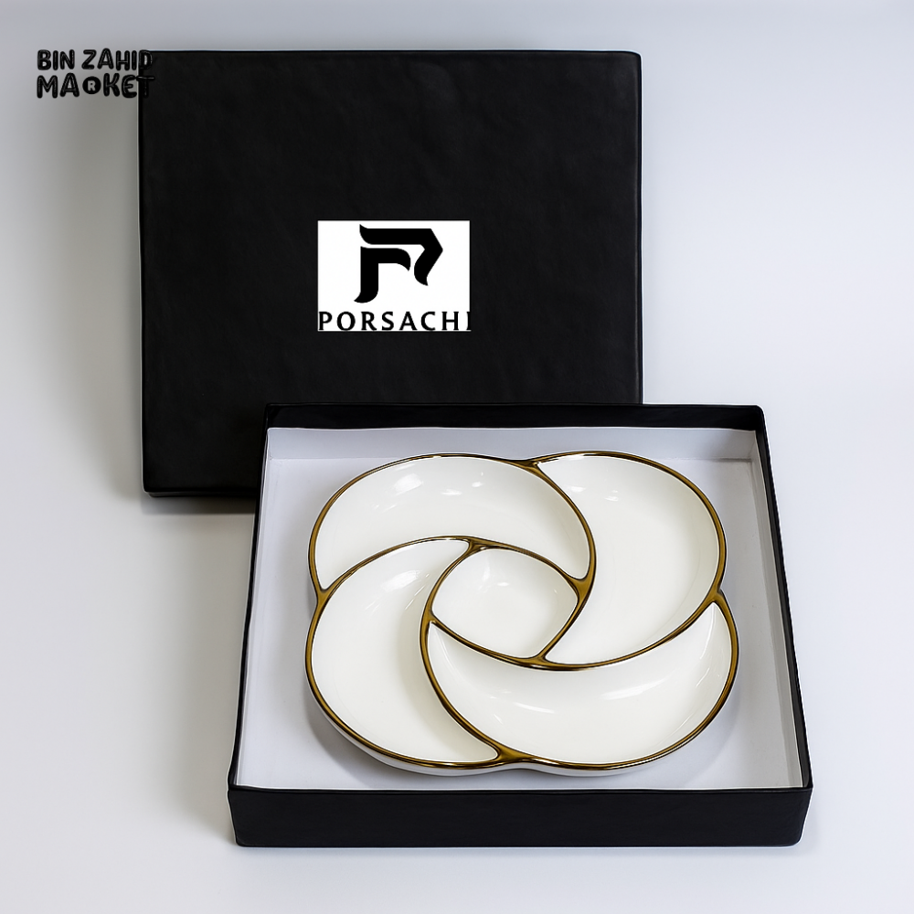 PORSACHI SWIRL-SHAPED PORCELAIN SERVING DISH – WHITE & GOLD LUXURY PLATTER