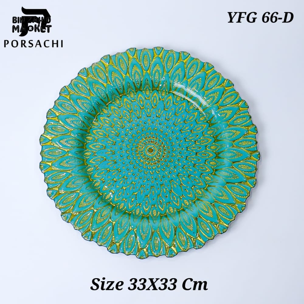 PORSACHI TURQUOISE & GOLD PEACOCK DESIGN CHARGER PLATE – 33CM ROUND LUXURY DINING TABLE SERVING PLATE ELEGANT DINNERWARE FOR HOME & KITCHEN DECOR