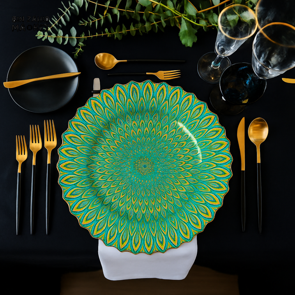 PORSACHI TURQUOISE & GOLD PEACOCK DESIGN CHARGER PLATE – 33CM ROUND LUXURY DINING TABLE SERVING PLATE ELEGANT DINNERWARE FOR HOME & KITCHEN DECOR