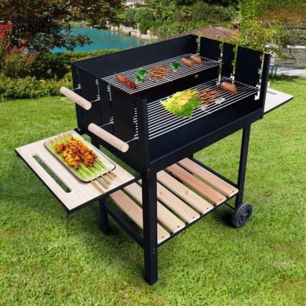 PORTABLE CHARCOAL BBQ GRILL WITH SMOKER RACK & WHEELS