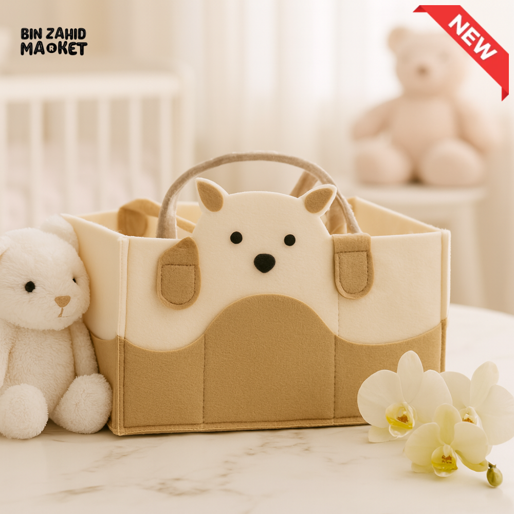 PORTABLE FELT DIAPER CADDY – CARTOON DESIGN FOLDABLE NURSERY ORGANIZER WITH HANDLES - BEAR