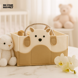 PORTABLE FELT DIAPER CADDY – CARTOON DESIGN FOLDABLE NURSERY ORGANIZER WITH HANDLES - BEAR
