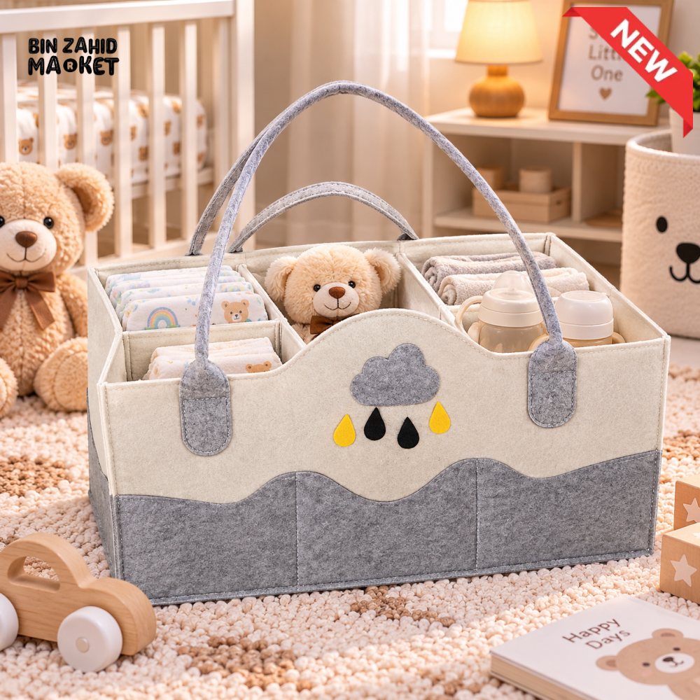 PORTABLE FELT DIAPER CADDY – CARTOON DESIGN FOLDABLE NURSERY ORGANIZER WITH HANDLES - CLOUD - Baby Storage &