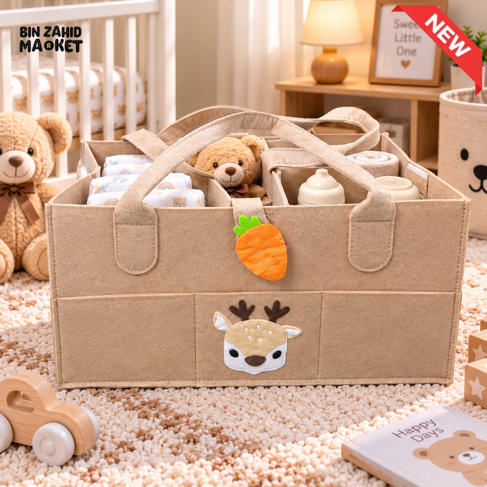 PORTABLE FELT DIAPER CADDY – CARTOON DESIGN FOLDABLE NURSERY ORGANIZER WITH HANDLES - DEER - Baby Storage & Organization