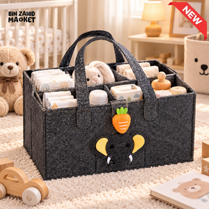 PORTABLE FELT DIAPER CADDY – CARTOON DESIGN FOLDABLE NURSERY ORGANIZER WITH HANDLES - ELEPHANT - Baby Storage &