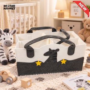 PORTABLE FELT DIAPER CADDY – CARTOON DESIGN FOLDABLE NURSERY ORGANIZER WITH HANDLES - GIRAFFE - Baby Storage &
