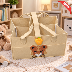 PORTABLE FELT DIAPER CADDY – CARTOON DESIGN FOLDABLE NURSERY ORGANIZER WITH HANDLES - LION - Baby Storage & Organization