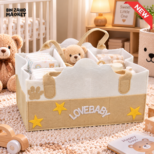 PORTABLE FELT DIAPER CADDY – CARTOON DESIGN FOLDABLE NURSERY ORGANIZER WITH HANDLES - LOVE BABY - Baby Storage &