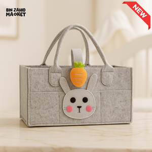 PORTABLE FELT DIAPER CADDY – CARTOON DESIGN FOLDABLE NURSERY ORGANIZER WITH HANDLES - RABBIT