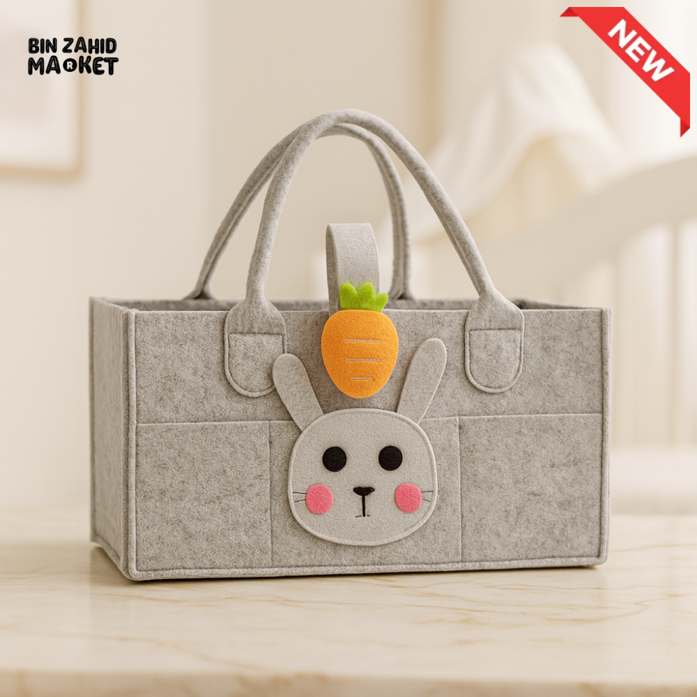 PORTABLE FELT DIAPER CADDY – CARTOON DESIGN FOLDABLE NURSERY ORGANIZER WITH HANDLES - RABBIT