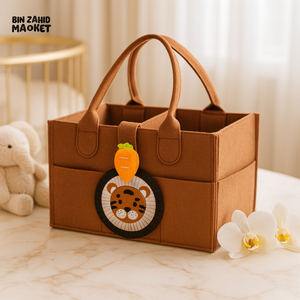 PORTABLE FELT DIAPER CADDY – CARTOON DESIGN FOLDABLE NURSERY ORGANIZER WITH HANDLES - TIGER