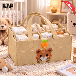 PORTABLE FELT DIAPER CADDY – CARTOON DESIGN FOLDABLE NURSERY ORGANIZER WITH HANDLES - TIGER - Baby Storage &