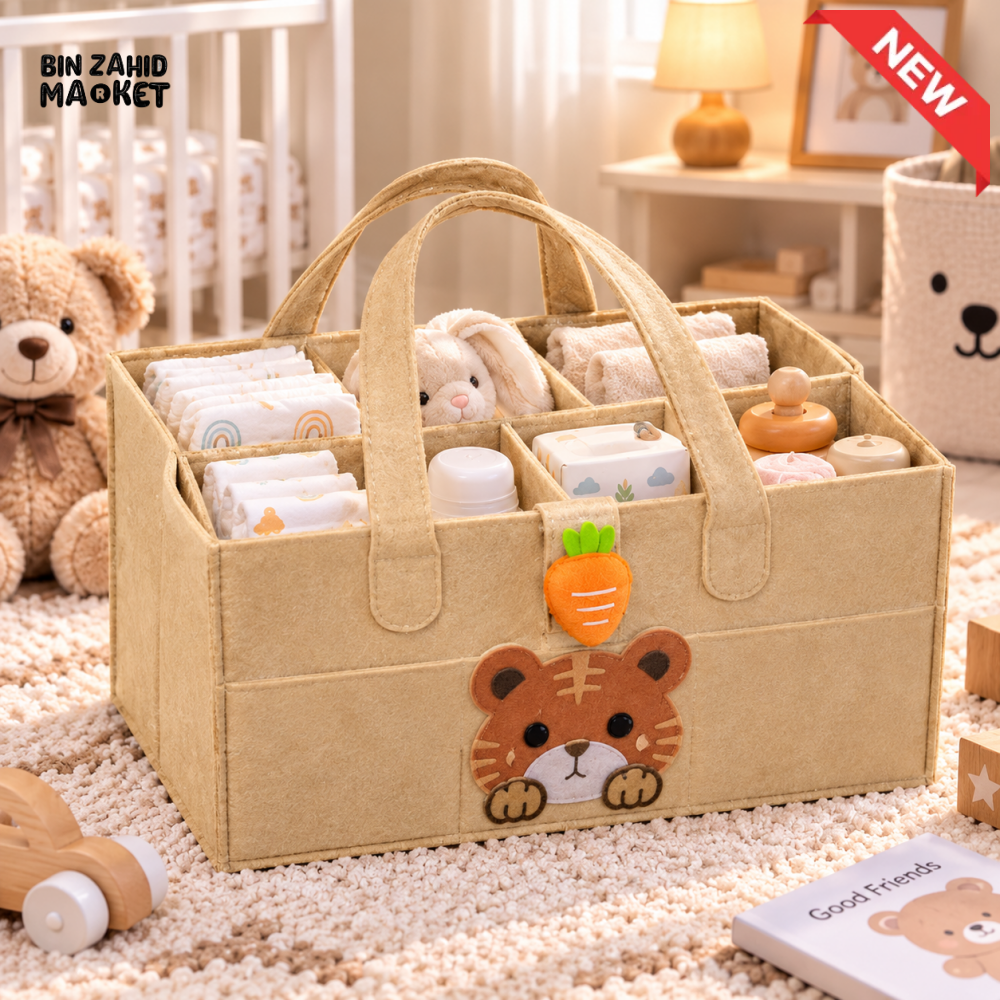 PORTABLE FELT DIAPER CADDY – CARTOON DESIGN FOLDABLE NURSERY ORGANIZER WITH HANDLES - TIGER - Baby Storage &