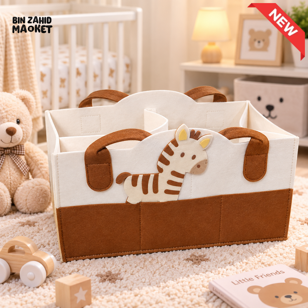 PORTABLE FELT DIAPER CADDY – CARTOON DESIGN FOLDABLE NURSERY ORGANIZER WITH HANDLES - ZEBRA - Baby Storage &