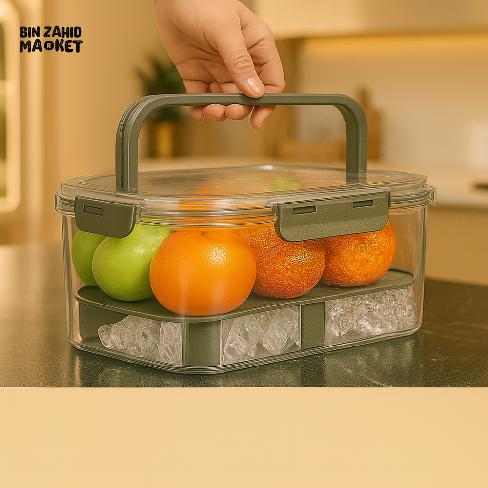 PORTABLE FRUIT STORAGE CONTAINER WITH HANDLE – AIRTIGHT BOX WITH ICE TRAY FOR OUTDOOR TRAVEL & PICNIC USE