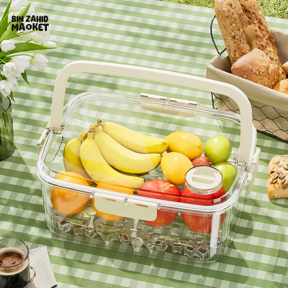 PORTABLE FRUIT STORAGE CONTAINER WITH HANDLE – AIRTIGHT BOX WITH ICE TRAY FOR OUTDOOR TRAVEL & PICNIC USE
