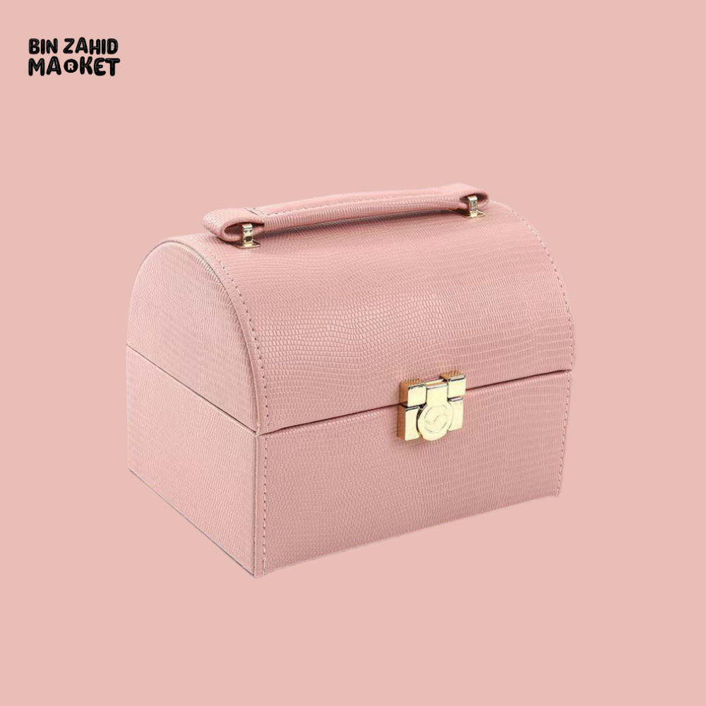 PORTABLE LUXURY MAKEUP ORGANIZER BOX WITH HANDLE - PINK