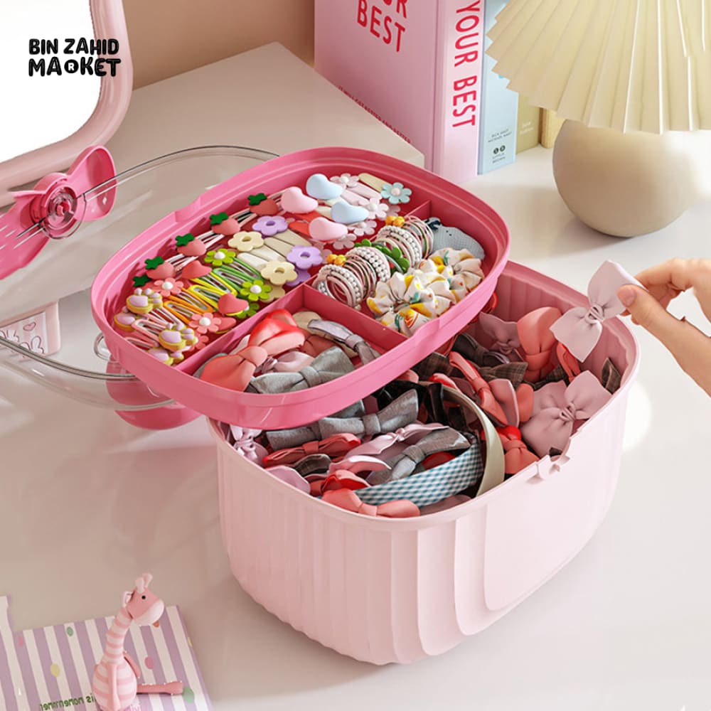 PORTABLE MAKEUP & HAIR ACCESSORY STORAGE BOX – ORGANIZER FOR HAIR CLIPS TIES EARRINGS BRACELETS & NECKLACES