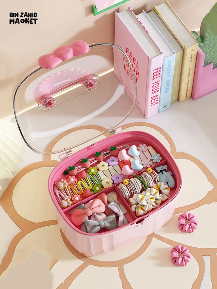 PORTABLE MAKEUP & HAIR ACCESSORY STORAGE BOX – ORGANIZER FOR HAIR CLIPS TIES EARRINGS BRACELETS & NECKLACES