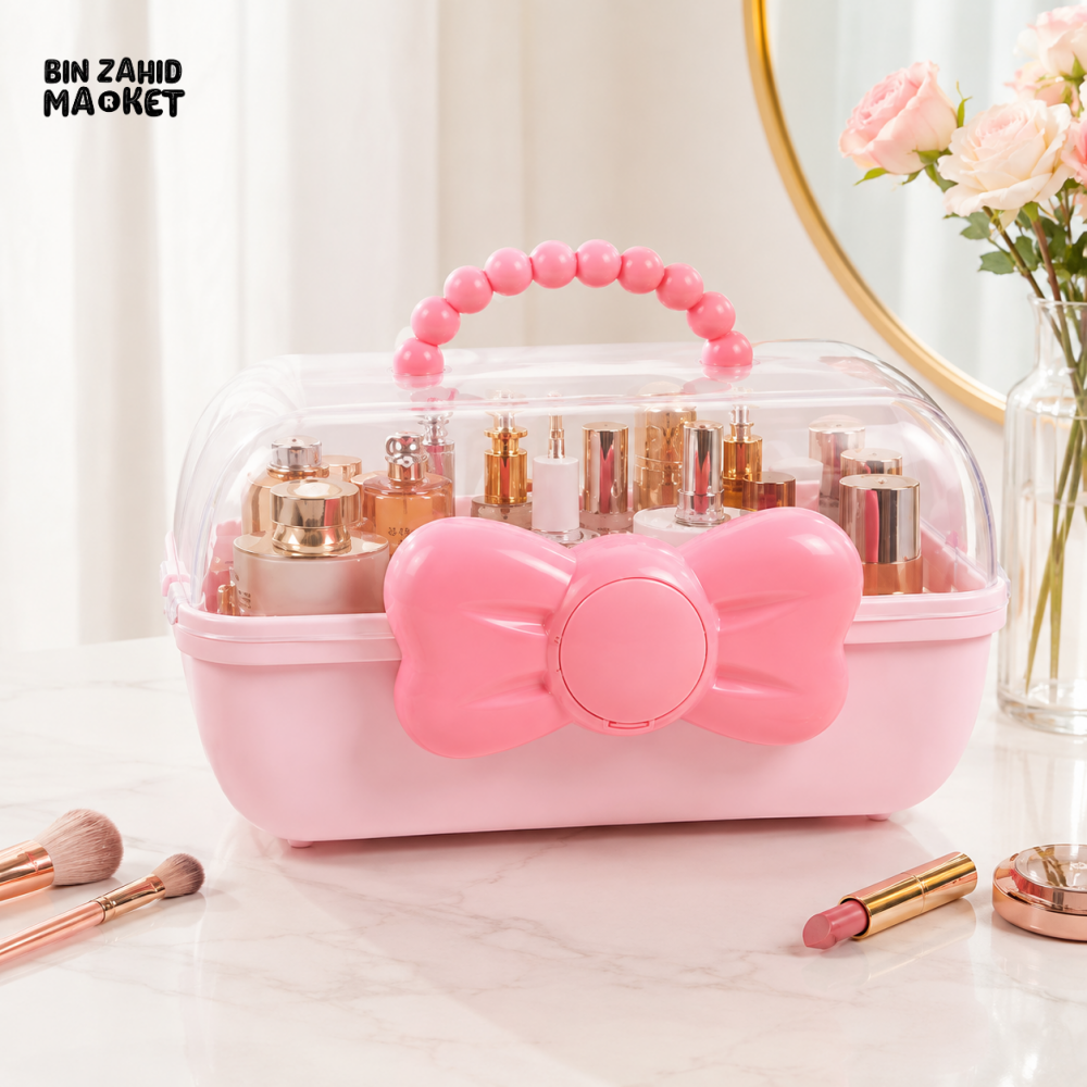 PORTABLE MAKEUP ORGANIZER VANITY BOX WITH CLEAR COVER & HANDLE