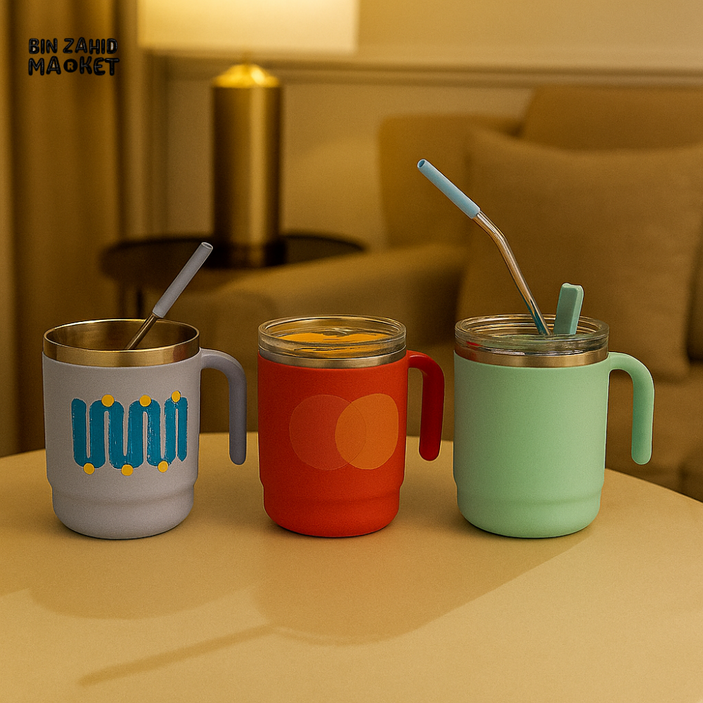 PORTABLE STAINLESS STEEL COFFEE MUG – DOUBLE DRINKING LID HANDLE & STRAW THERMAL TRAVEL CUP