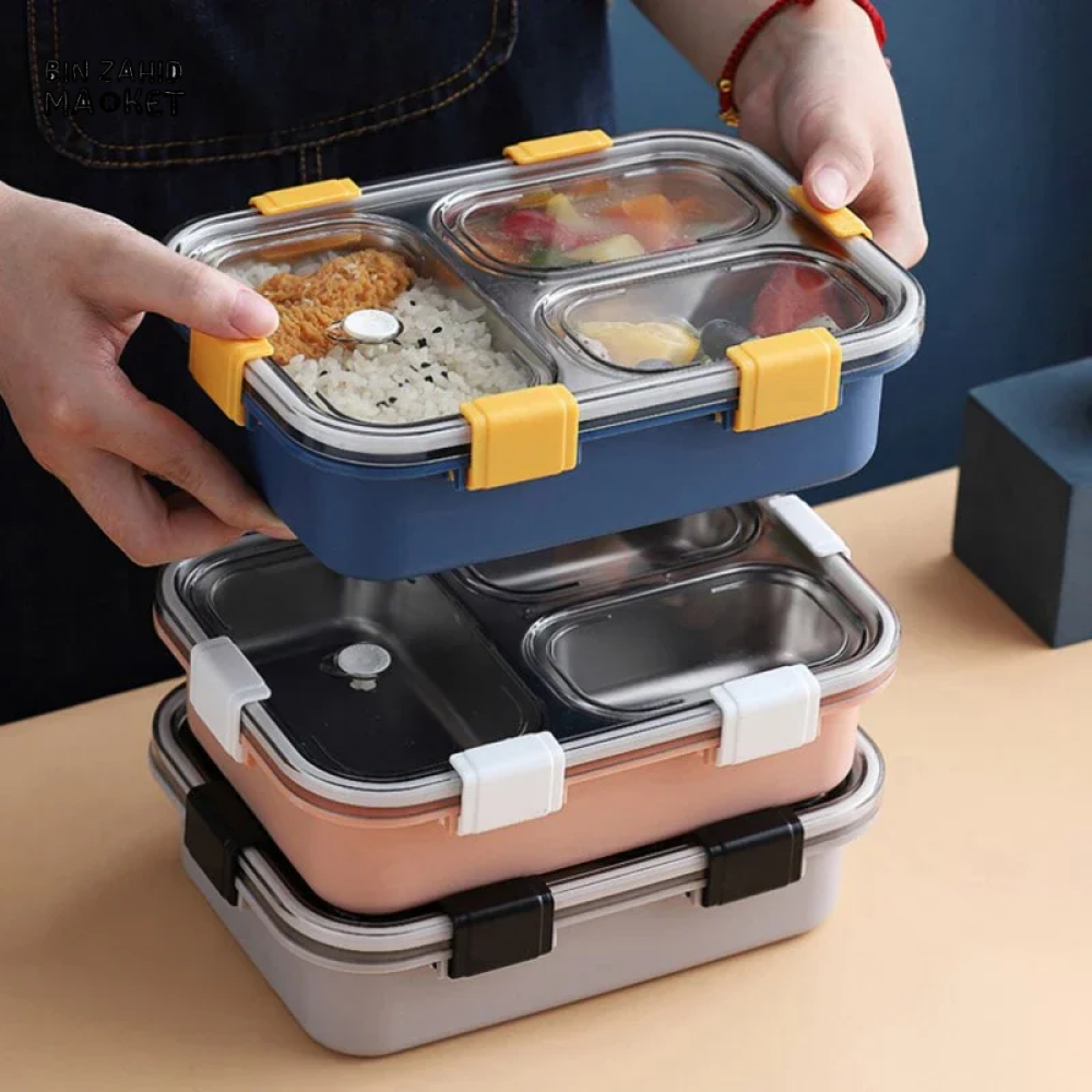 PORTABLE STAINLESS STEEL LUNCH BOX – DURABLE LINER WITH TABLEWARE PERFECT FOR CAMPING PICNICS & ON-THE-GO MEALS