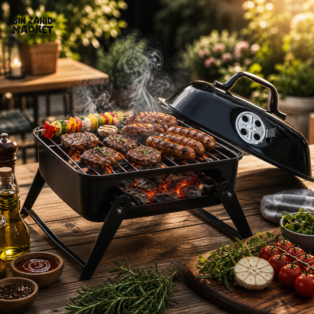 PORTABLE TABLETOP CHARCOAL BBQ GRILL & CAMPFIRE RACK