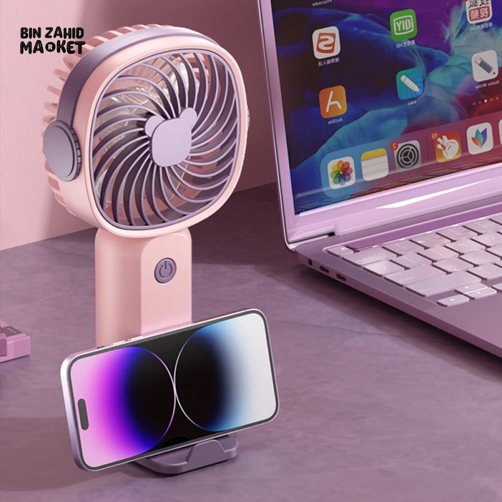 PORTABLE USB RECHARGEABLE MINI FAN WITH PHONE HOLDER FAST CHARGING HANDHELD FAN FOR TRAVEL OFFICE & STUDENTS