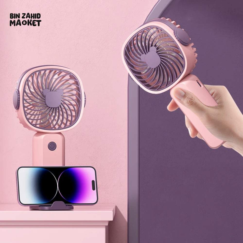 PORTABLE USB RECHARGEABLE MINI FAN WITH PHONE HOLDER FAST CHARGING HANDHELD FAN FOR TRAVEL OFFICE & STUDENTS