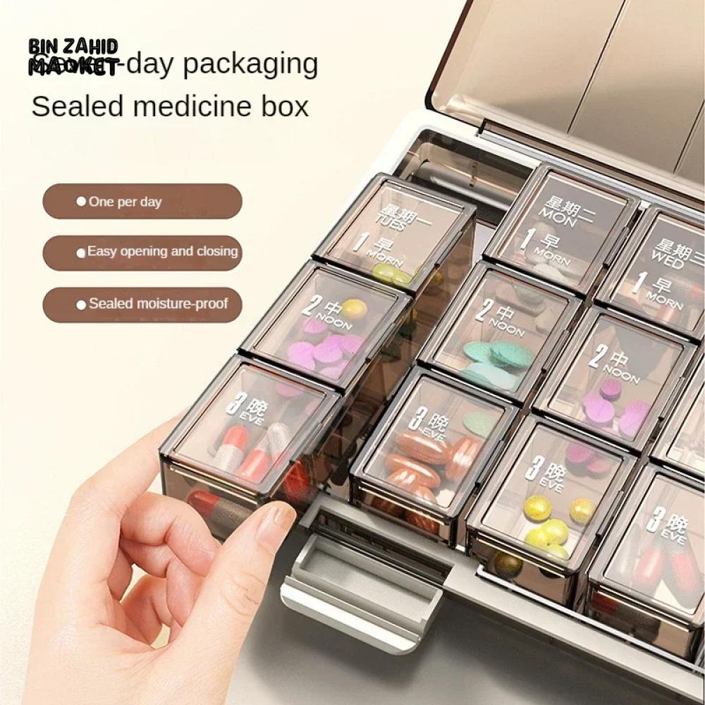 PORTABLE WEEKLY PILL ORGANIZER – 7 DAYS 3/4 TIMES A DAY STACKABLE & COLORFUL DESIGN
