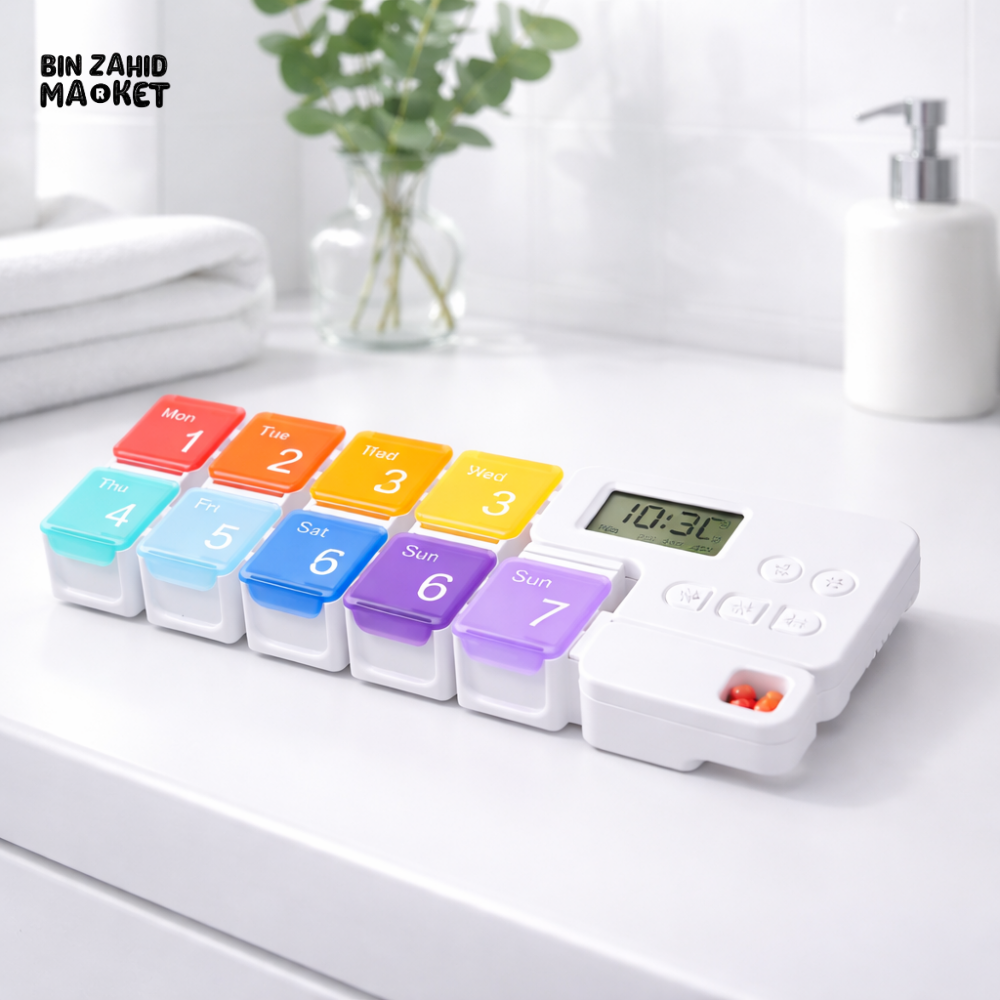PORTABLE WEEKLY PILL ORGANIZER WITH DIGITAL TIMER ALARM