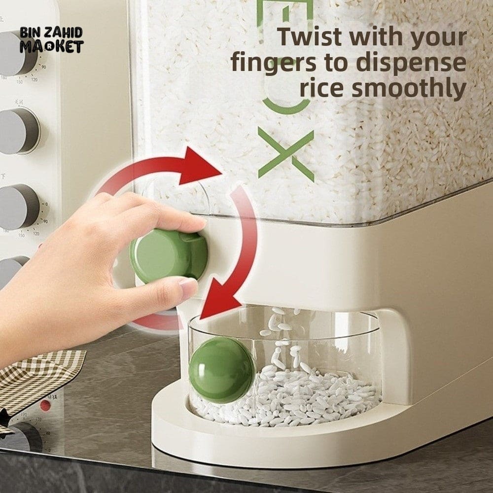 PRACTICAL PUSH-DISPENSER RICE STORAGE BOX AIRTIGHT INSECT-PROOF & MOISTURE-RESISTANT GRAIN CONTAINER - 10 KG