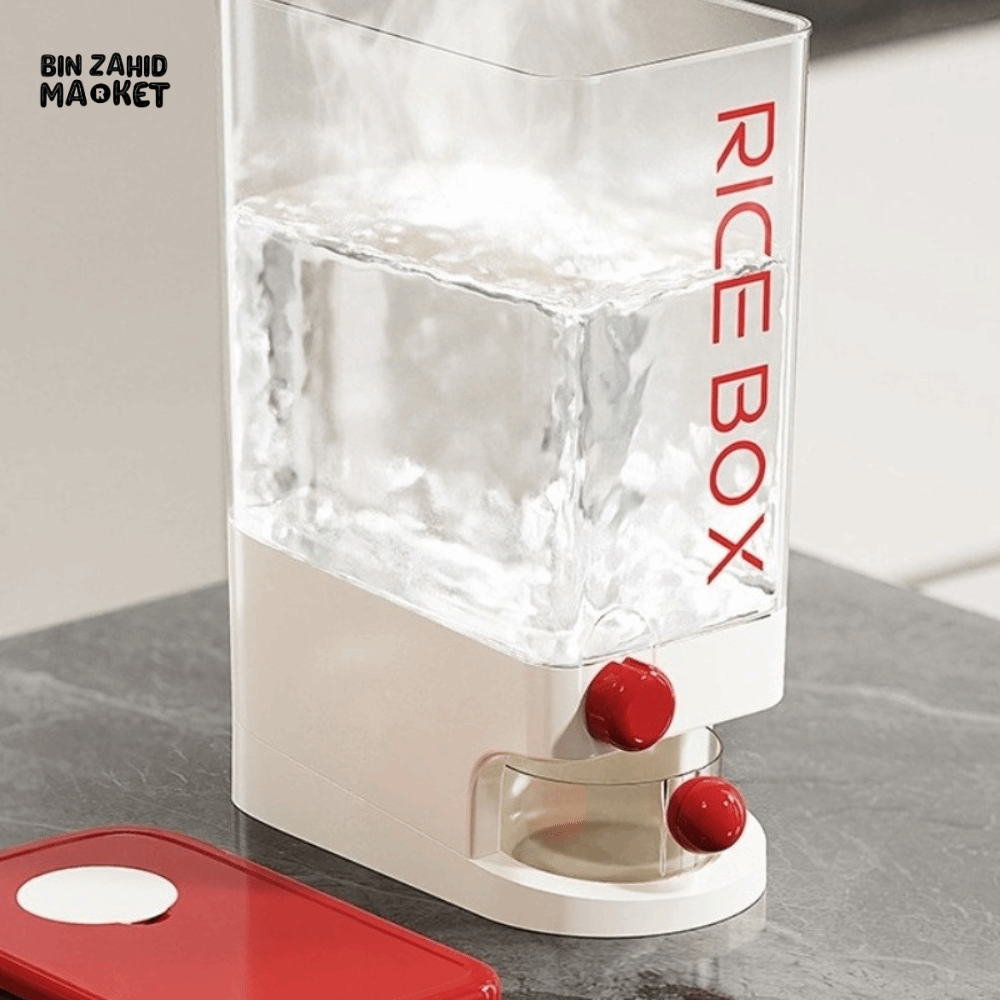 PRACTICAL PUSH-DISPENSER RICE STORAGE BOX AIRTIGHT INSECT-PROOF & MOISTURE-RESISTANT GRAIN CONTAINER - 10 KG
