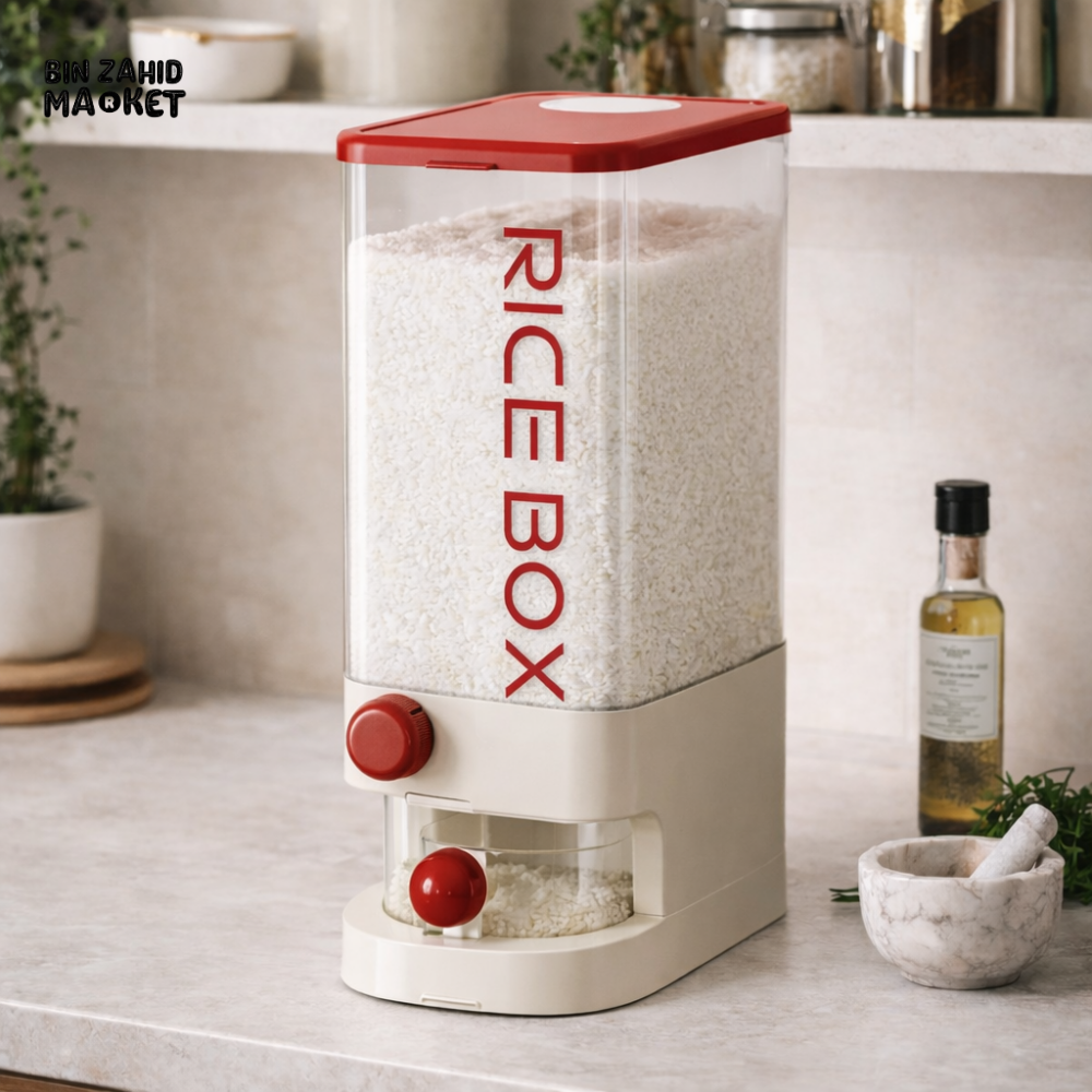PRACTICAL PUSH-DISPENSER RICE STORAGE BOX AIRTIGHT INSECT-PROOF & MOISTURE-RESISTANT GRAIN CONTAINER - 10 KG