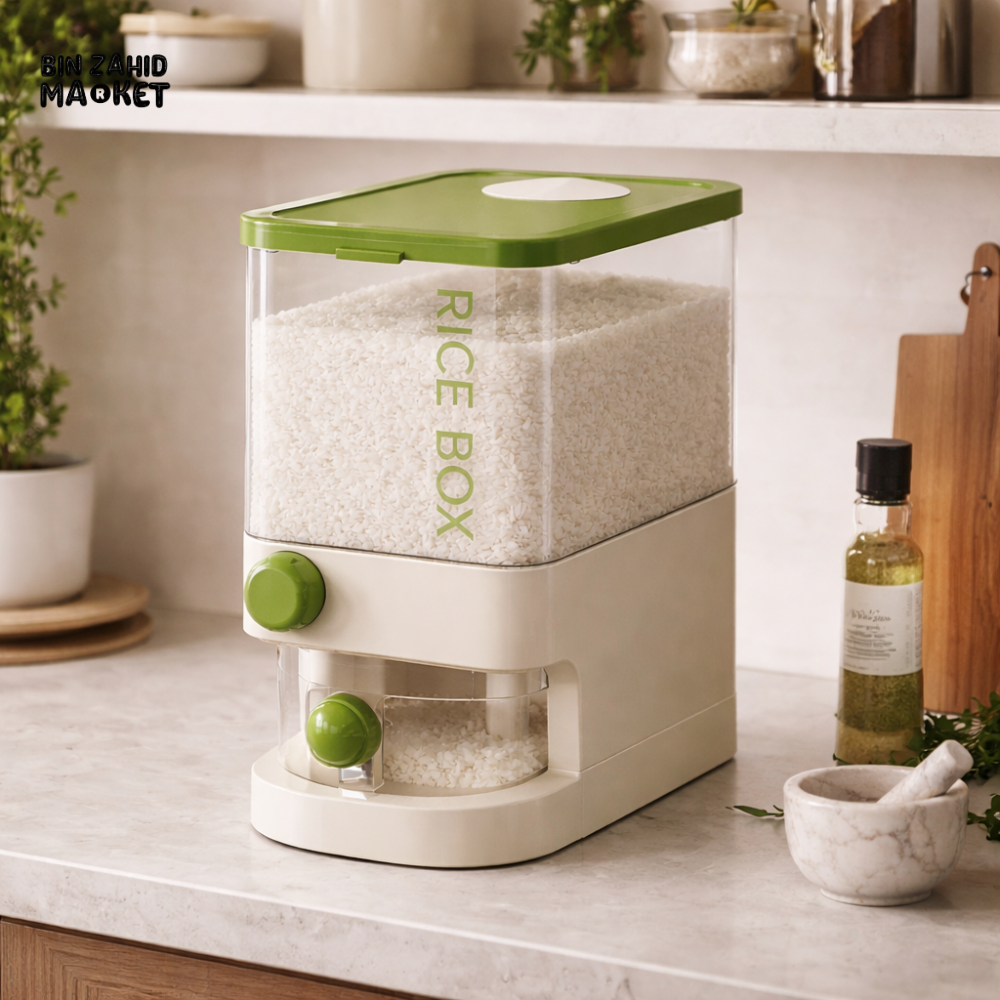 PRACTICAL PUSH-DISPENSER RICE STORAGE BOX AIRTIGHT INSECT-PROOF & MOISTURE-RESISTANT GRAIN CONTAINER - 5 KG