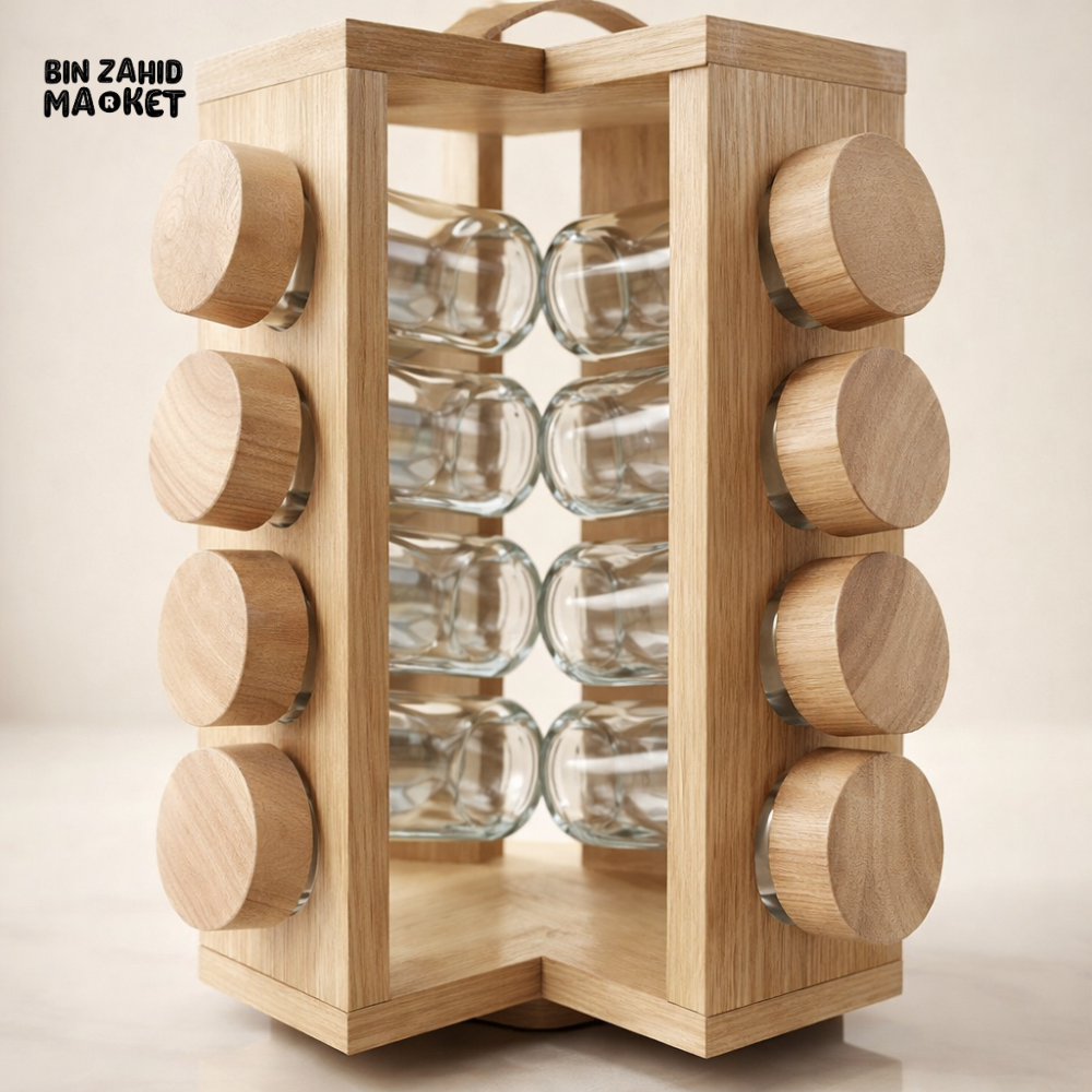 PREMIUM 16 JAR ROTATING WOODEN SPICE RACK – LUXURY KITCHEN ORGANIZER WITH GLASS CONTAINERS