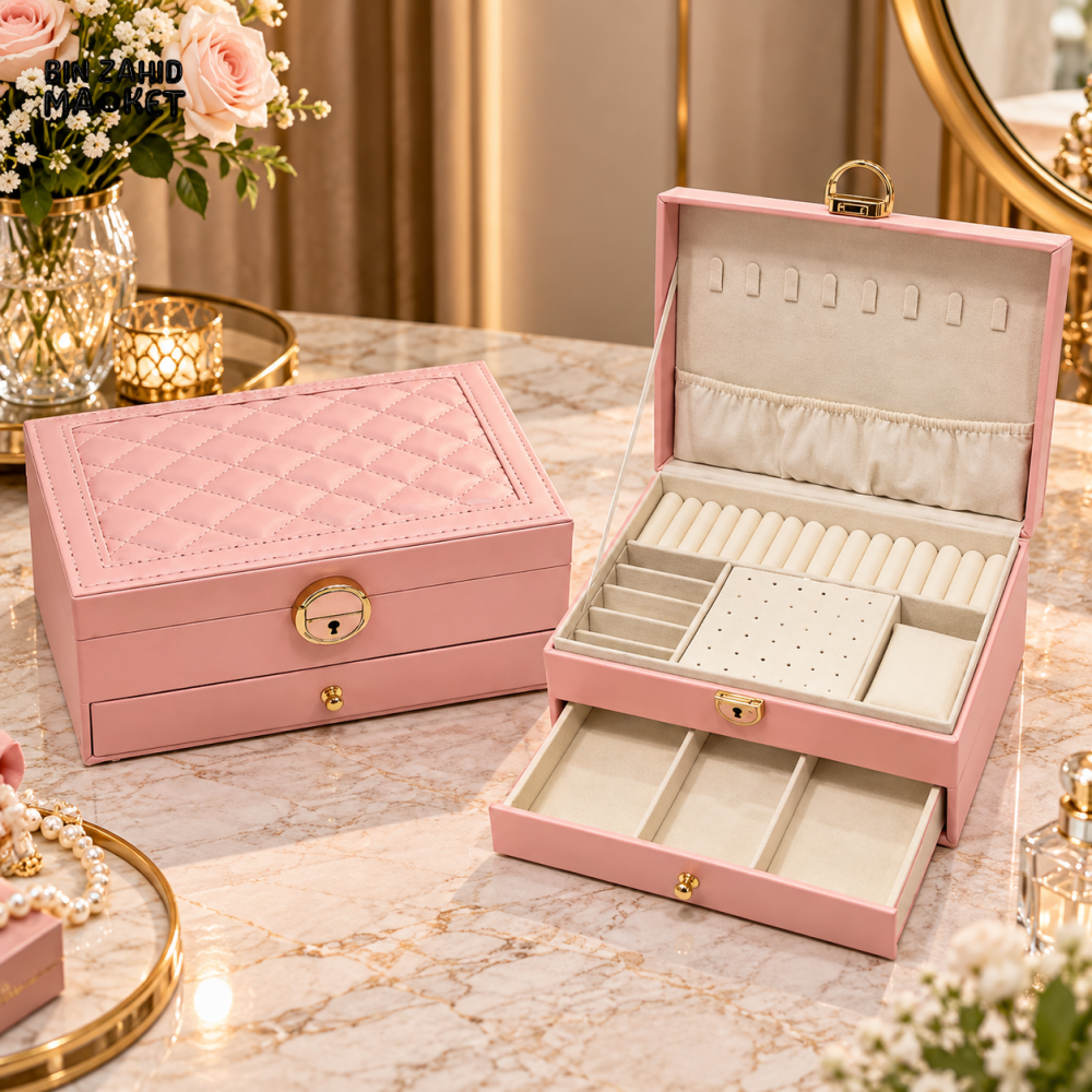 PREMIUM 2-LAYER PINK JEWELRY ORGANIZER BOX WITH DRAWER & LOCK