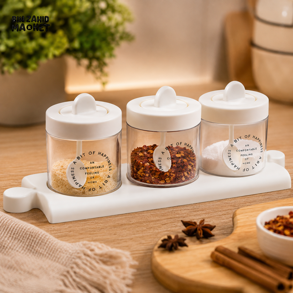 PREMIUM 3-PIECE SPICE JAR SET WITH TRAY & SPOONS