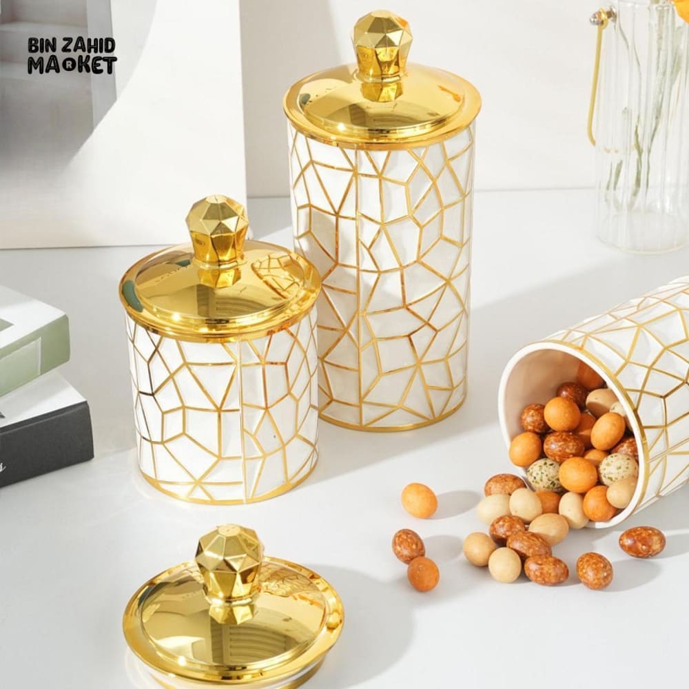 PREMIUM 3 PIECES LUXURY CANISTERS – CERAMIC MOSAIC JARS WITH GOLD LIDS FOR HOME ORGANIZATION