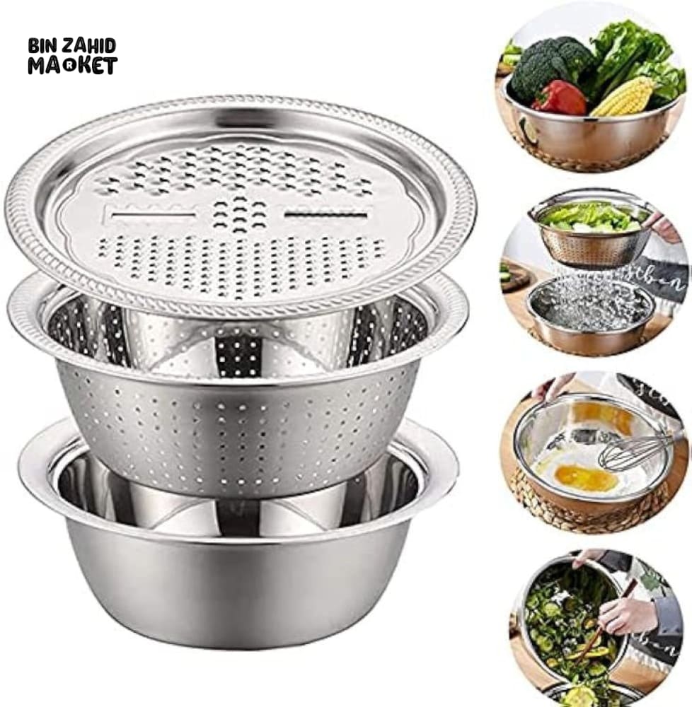 PREMIUM 3 PIECES STEEL COLANDER KITCHEN SLICER GRATER SET