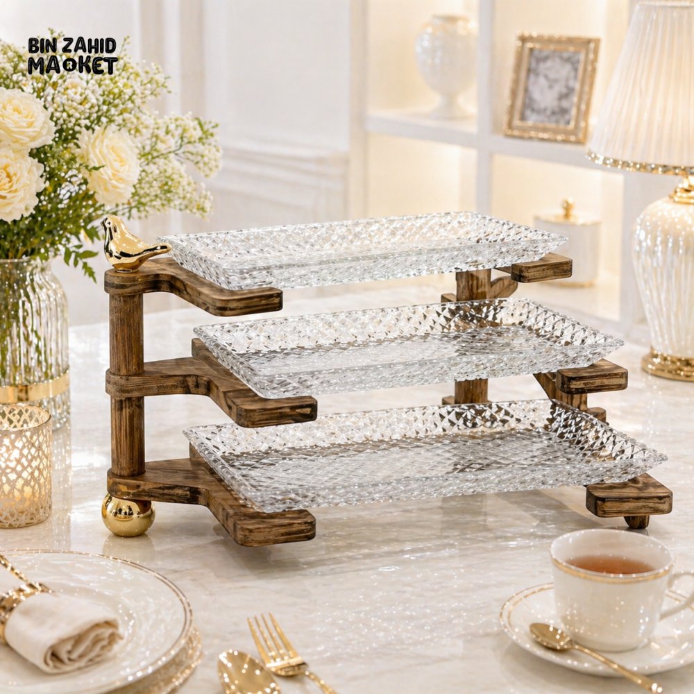 PREMIUM 3 TIER GLASS SERVING STAND WITH WOODEN FRAME