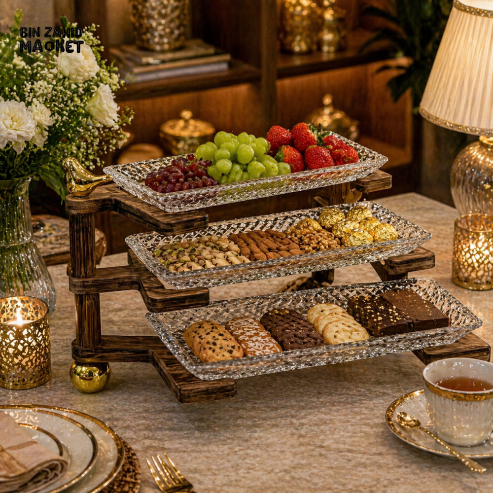 PREMIUM 3 TIER GLASS SERVING STAND WITH WOODEN FRAME