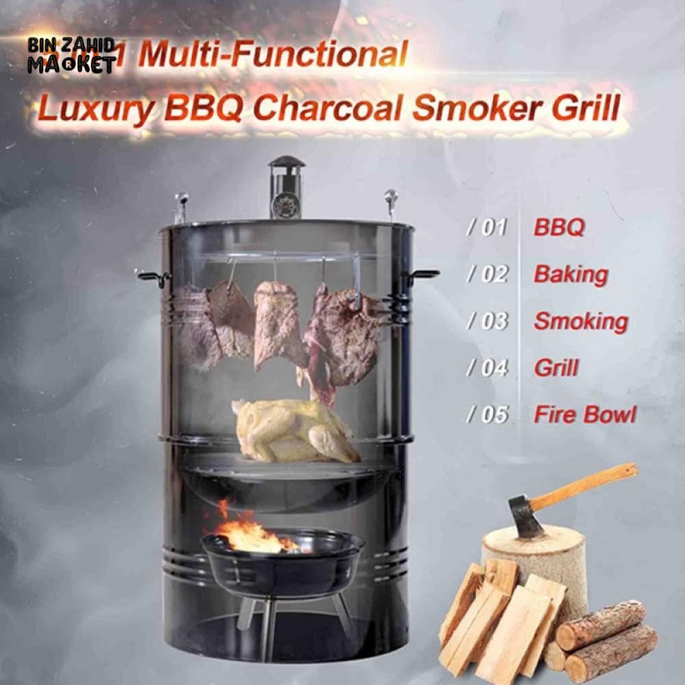 PREMIUM 5-IN-1 VERTICAL CHARCOAL SMOKER BBQ GRILL 18 INCH