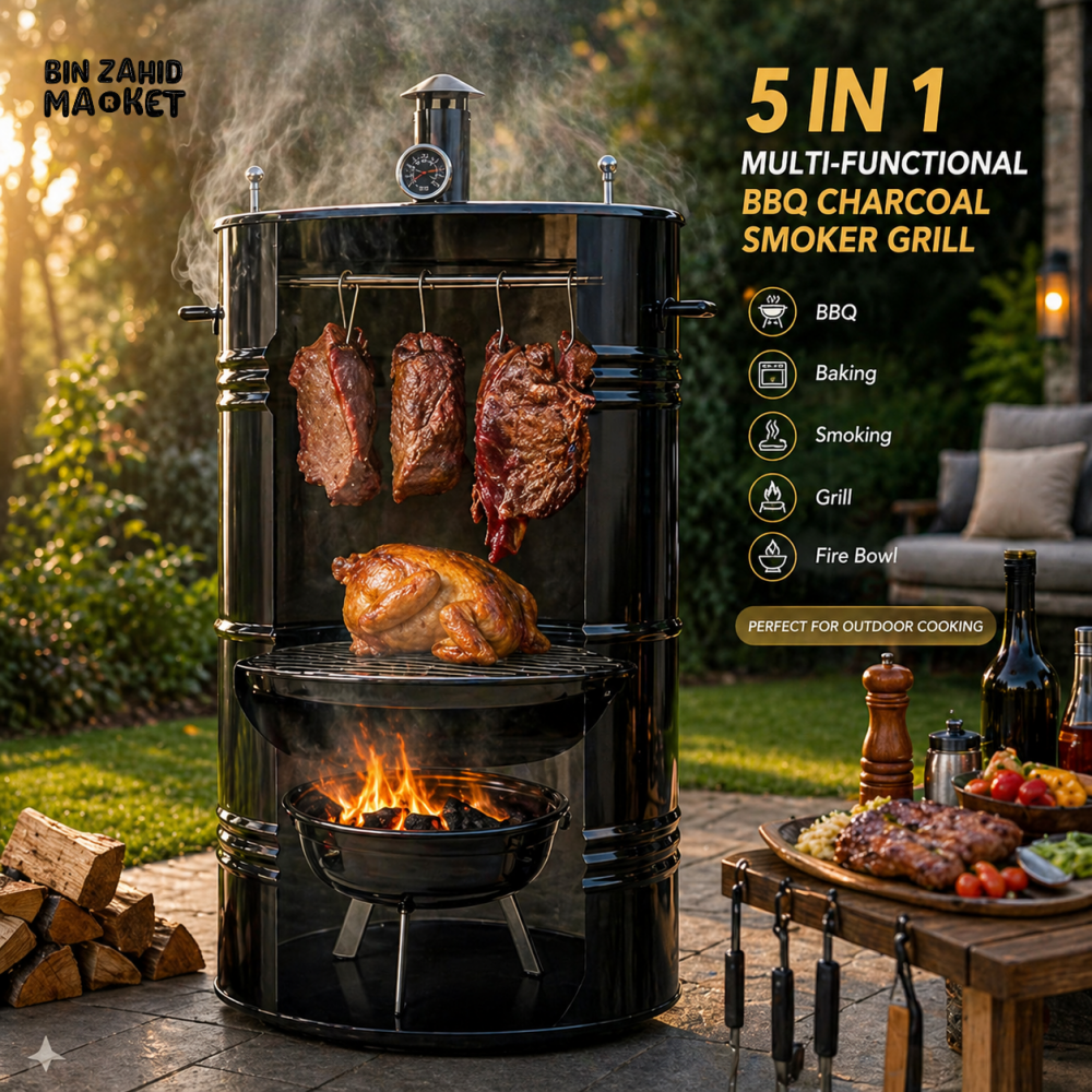 PREMIUM 5-IN-1 VERTICAL CHARCOAL SMOKER BBQ GRILL 18 INCH