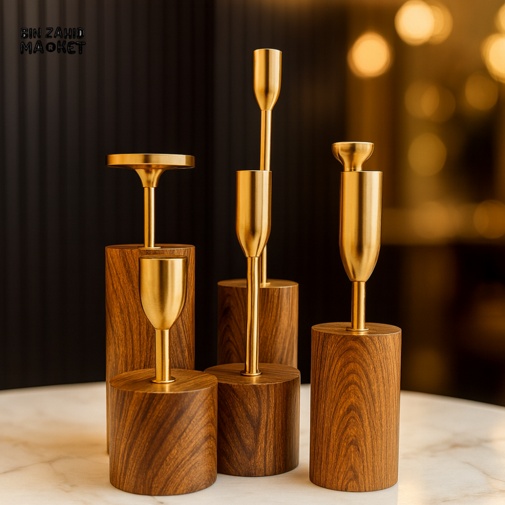 PREMIUM 6 PIECES GOLDEN CANDLE HOLDERS WITH SOLID WOOD BASE – CONTEMPORARY STYLE