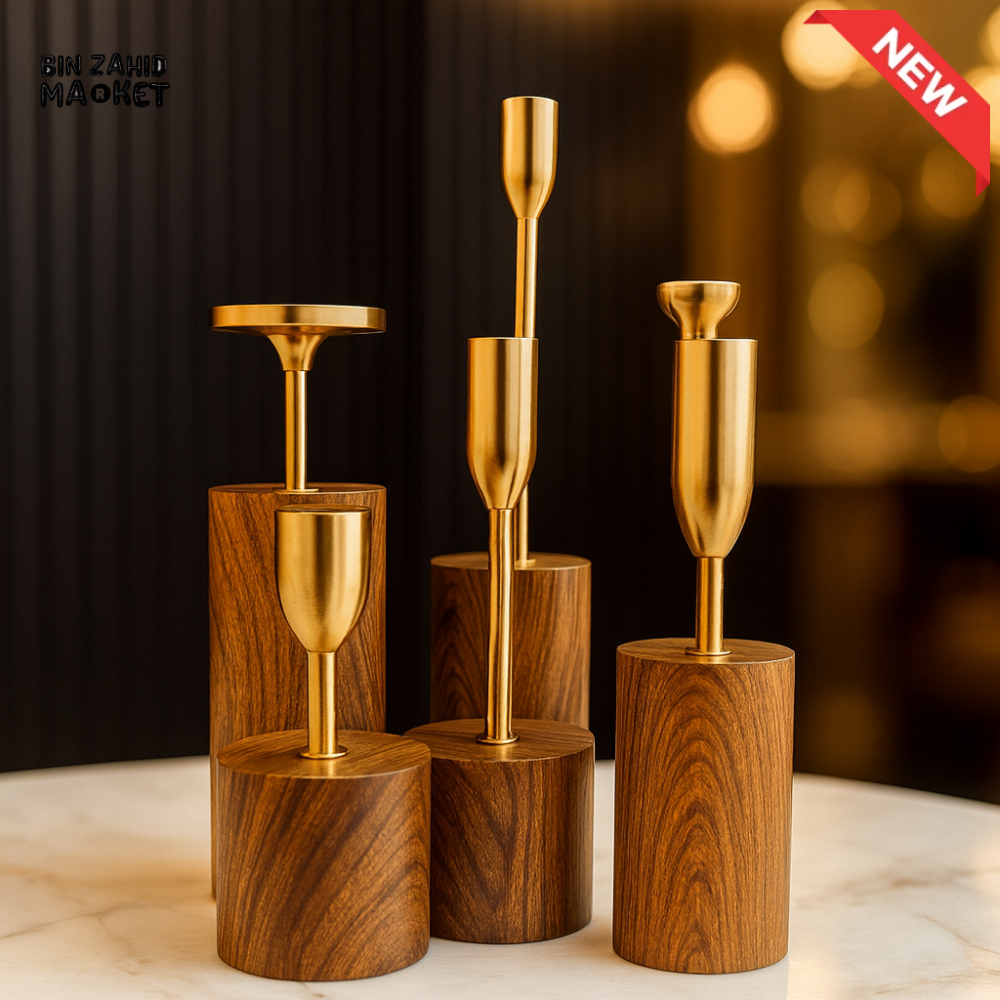 PREMIUM 6 PIECES GOLDEN CANDLE HOLDERS WITH SOLID WOOD BASE – CONTEMPORARY STYLE