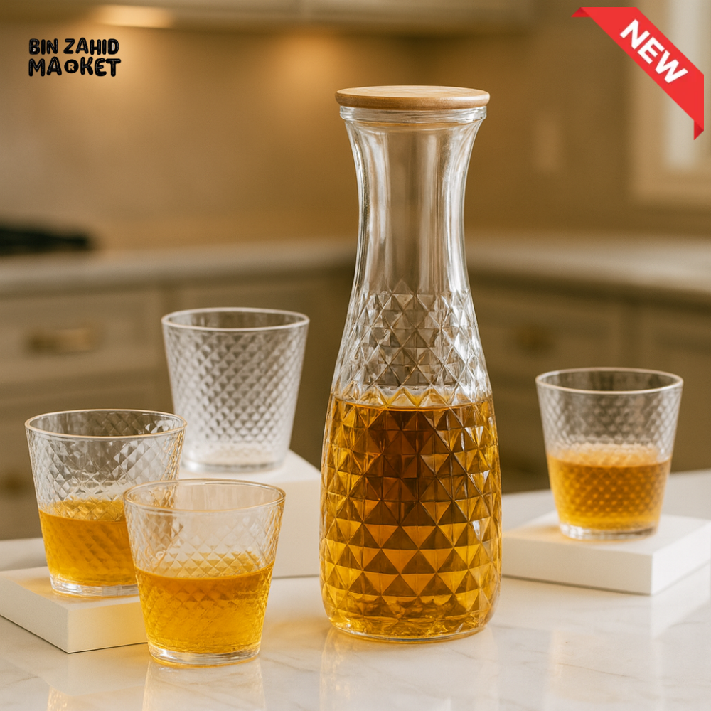 PREMIUM 7 PIECES WATER JUG SET – DIAMOND TEXTURE WOOD LID 6 GLASSES