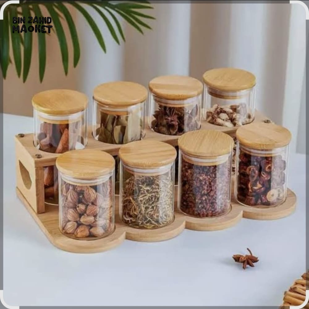 PREMIUM 8-PIECE GLASS SPICE JAR SET WITH WOODEN BASE