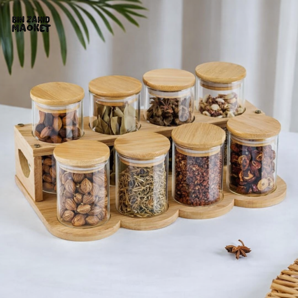 PREMIUM 8-PIECE GLASS SPICE JAR SET WITH WOODEN BASE