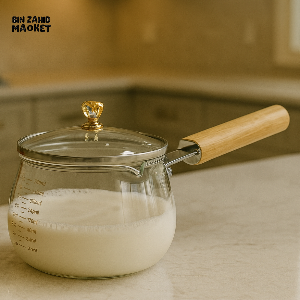 PREMIUM 800ML GLASS MILK POT – MEASURING MARKS WOODEN HANDLE